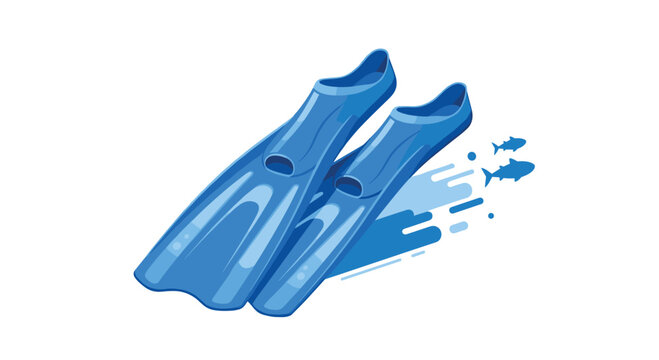 Pair of blue swimming flippers with abstract water splashes and tiny fish, suggesting scuba diving and snorkeling adventures.
