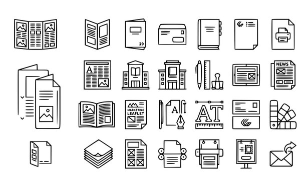 Flyer Brochure and Publishing Outline Icons with Corporate Catalog and Stationery Elements