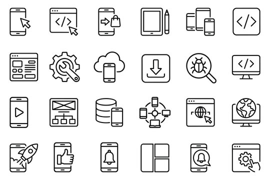 Mobile app development and ui ux line icon set