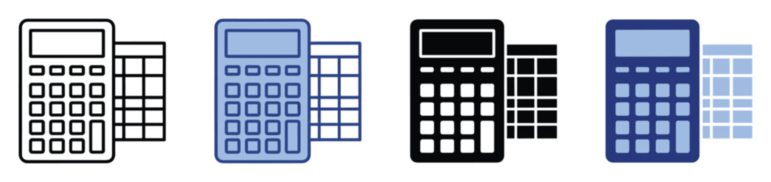 Financial calculator and spreadsheet icons for business accounting and data management applications