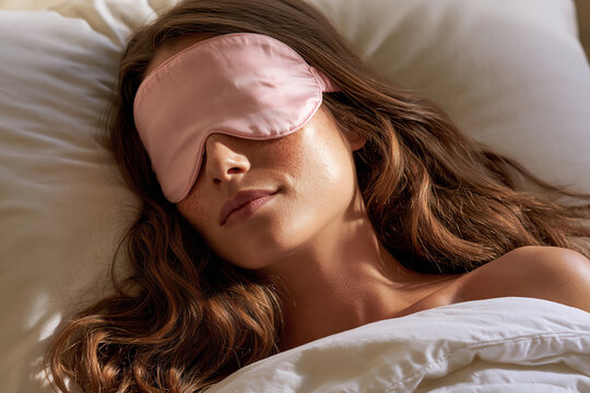 Peaceful Deep Sleep Portrait Of Individual Wearing Pastel Pink Silk Eye Mask In White Bedding