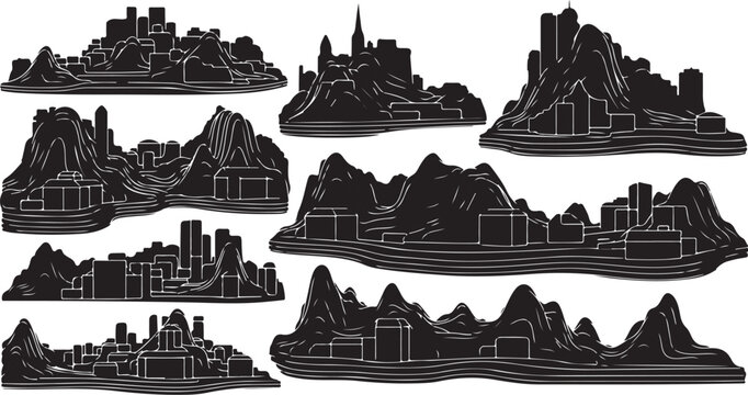 City skylines on mountainous islands illustration set