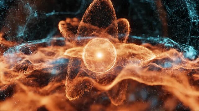 A vibrant, abstract depiction of an atomic structure glows with intense energy.