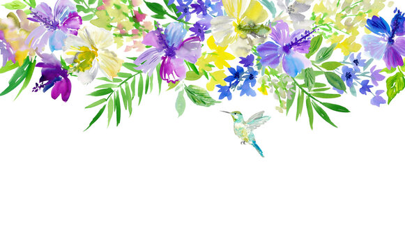 Watercolor vivid tropical floral background with abstract hand-painted purple and white hibiscus flowers, leaves, and hummingbirds for banners, web design, and greeting cards. PNG file.