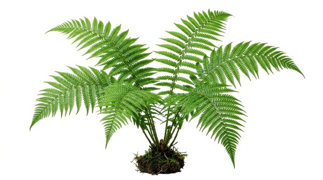 Green fern plant with roots isolated on white background, tropical ostrich fern fronds, lush botanical foliage for garden and landscape design
