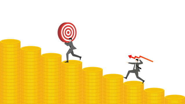Businessman throwing red line graph arrow to target on falling gold coins bar graph for investment rebalancing and gold market risk management crisis concept