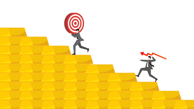 Businessman throwing red line graph arrow to target on falling gold bars bar graph for precious metal investment rebalancing and risk management during market crash