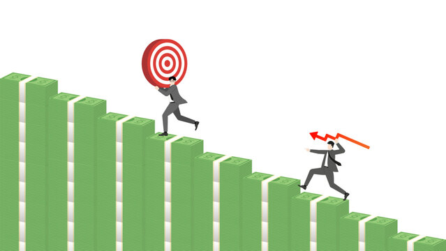 Businessman throwing red line graph arrow to target on falling banknotes bar graph for risk management investment rebalancing and financial loss prevention concept