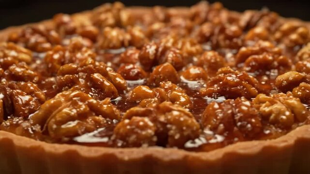 Decadent close-up of a glossy caramelized walnut tart with a golden crust, featuring rich syrup and whole nuts, ideal for pastry shop advertising and bakery promotions.