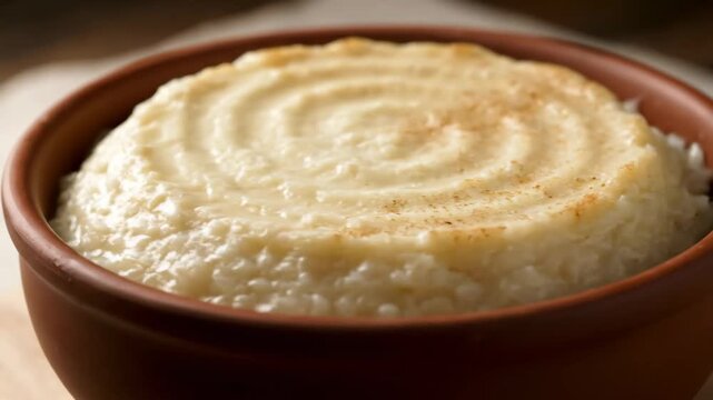 Traditional creamy rice pudding dessert (Arroz con Leche) served hot in a terracotta bowl with a baked, caramelized top crust texture.