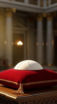 Solemn papal zucchetto on red cushion in grand hall.