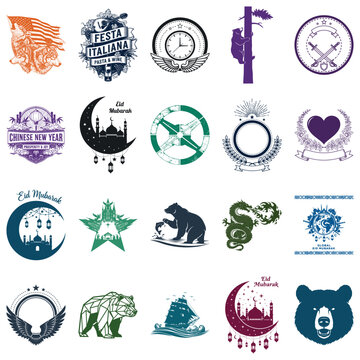 Collection of cultural and religious symbols with zodiac signs and national emblems
