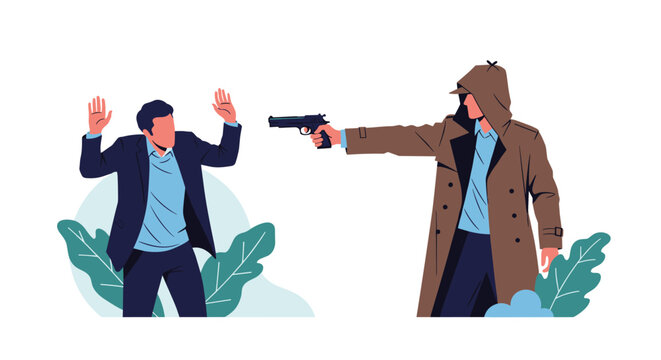Armed criminal in a hooded coat pointing a pistol at a terrified man in a business suit who has his hands raised in the air.