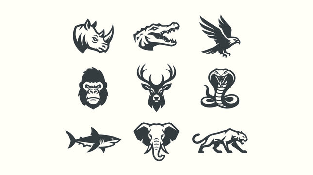 Wildlife animal emblem set with rhinoceros alligator hawk gorilla buck snake shark pachyderm and leopard head and body graphics.