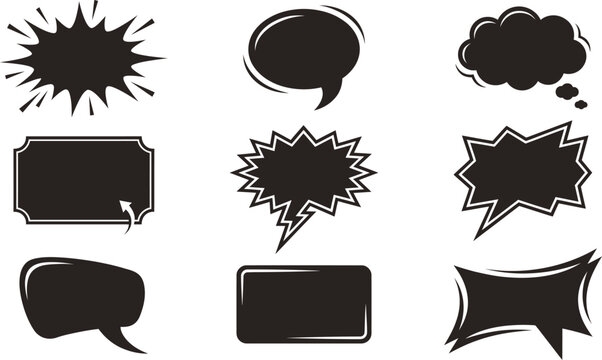 Collection of solid black speech and thought bubbles in various comic book shapes.
