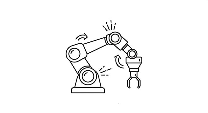 Technical sketch of a robotic arm with joints and motion arrows representing industrial automation.
