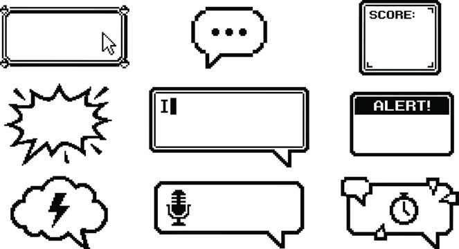 Collection of pixel art speech bubbles message boxes and user interface icons for mobile games on a transparent background grid.