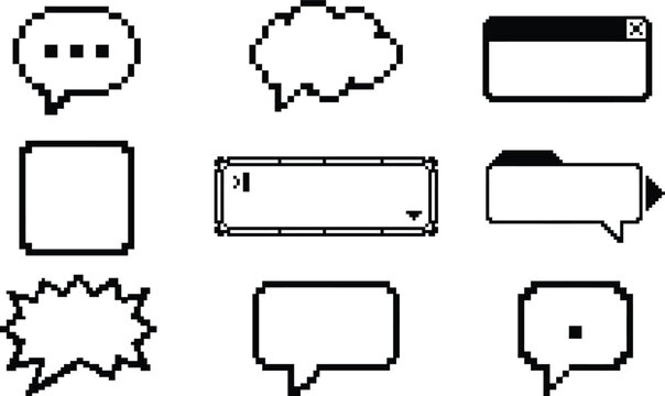 Various pixel art speech bubbles and frame windows for game user interface layouts isolated on transparent background design.