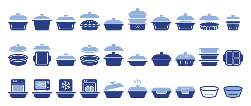 Various kitchen cookware, bakeware, food storage icons for cooking and meal prep