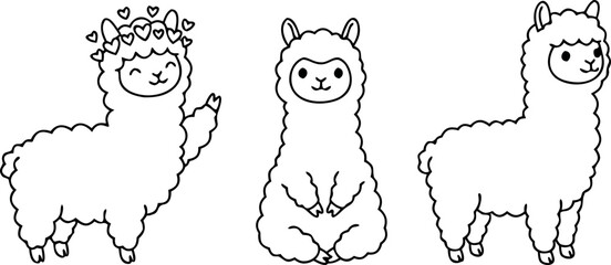 Obraz premium Adorable Hand Drawn Alpaca and Llama Line Art Illustration Set Featuring Cute Characters with Hearts for Nursery Decor