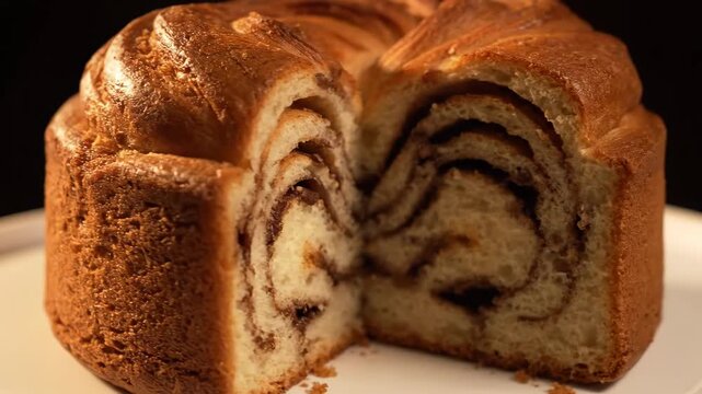 Close-up of a freshly baked golden brown sweet brioche loaf with complex braided crust texture against a dark background, showing rich detail and porosity.
