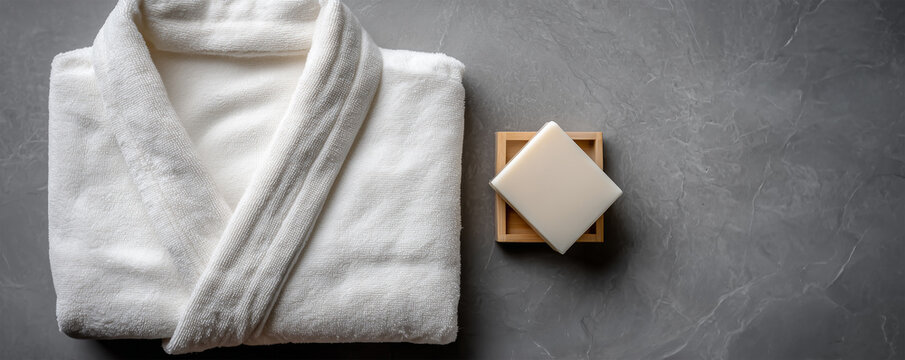 Neatly folded white bathrobe placed next to a small soap bar on a smooth stone surface in a bathroom setting