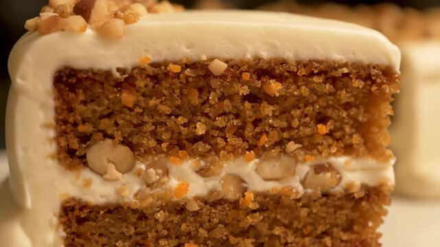 Decadent Slice of Gourmet Carrot Cake with Thick Cream Cheese Frosting and Chopped Nuts, Showing Layers and Rich Texture in a Macro Close-up Shot.
