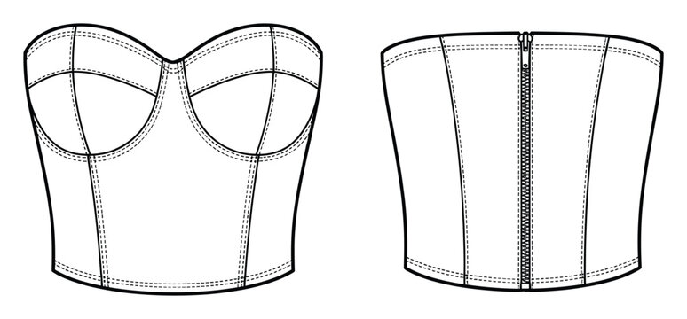 Technical flat sketch of a strapless corset top with boning and zipper for fashion design blueprint