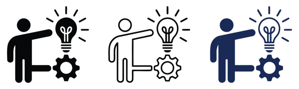 Proactive strategy planning action icon set, business management symbols with target chess lightbulb and arrow elements representing leadership decision making growth mindset and success concept.