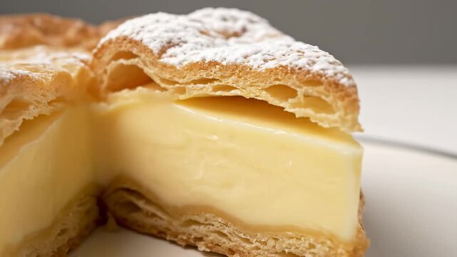Macro shot of a traditional custard cream slice dessert with layers of crispy puff pastry and creamy vanilla filling, sprinkled with powdered sugar on top.