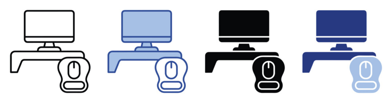 Computer workstation icon showing monitor, desk, and mouse for tech and office symbol use