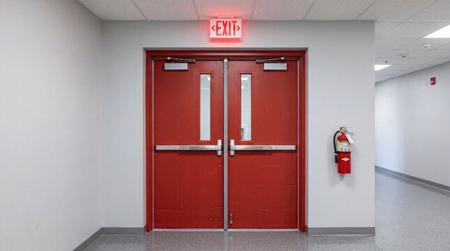 School emergency exit doors with illuminated sign and fire extinguisher
