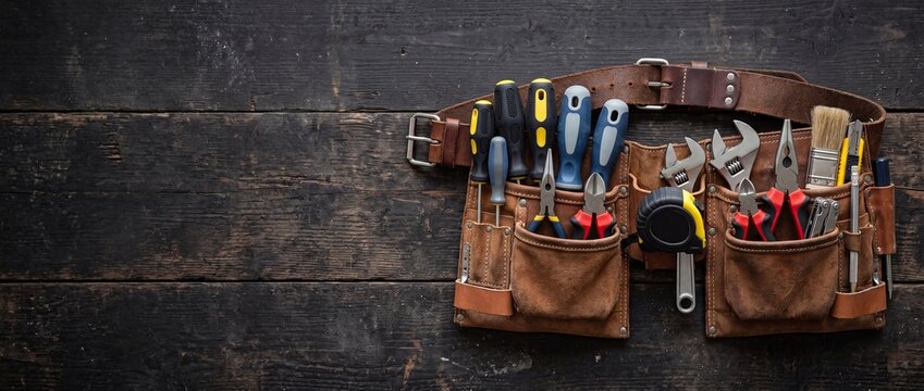 Tool belt with assorted hand tools on dark background copy space