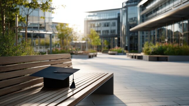 Graduation cap sitting on a wooden bench at a university campus