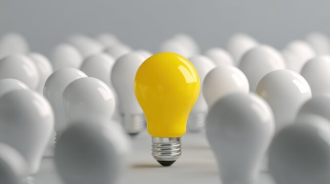One bright yellow lightbulb standing out from a crowd of dull white bulbs