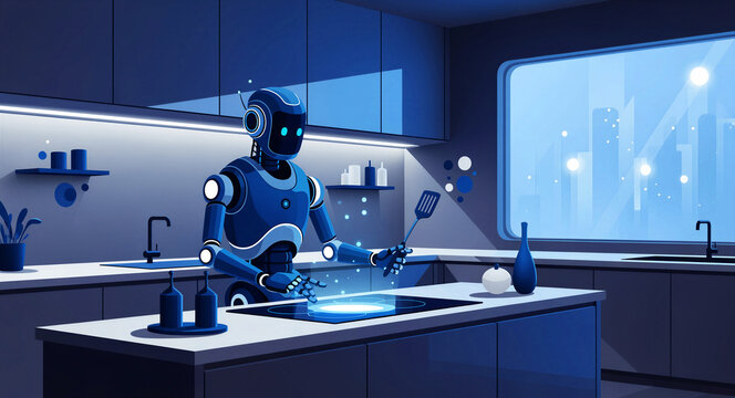 Futuristic robot chef cooking in a modern minimalist kitchen. Humanoid android prepares food using a glowing high-tech induction stove. AI domestic assistance and smart home automation concept.
