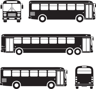 Black and white vector icons of a city bus shown from different angles - side, front and rear view. Simple, clean silhouette style for easy use in design projects.