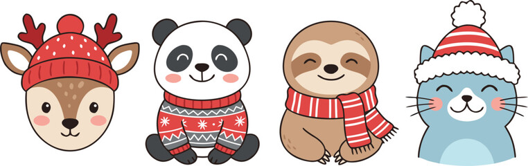 Obraz premium Adorable Winter Animal Character Illustration Set Featuring Cute Reindeer Panda Sloth and Cat in Festive Holiday Apparel