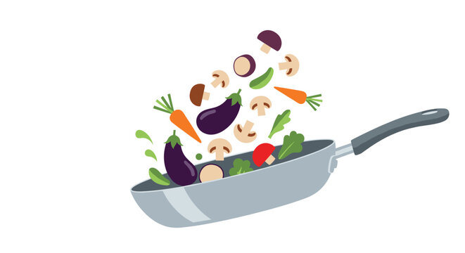 Dynamic illustration of various fresh vegetables like carrots and mushrooms being tossed out of a grey frying pan while cooking.