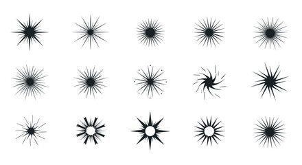 Obraz premium Set of fifteen different black starburst and sunburst vector icons ranging from simple lines to complex geometric shapes.
