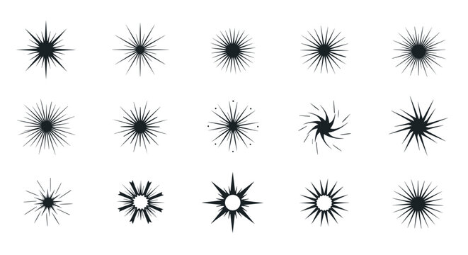 Set of fifteen different black starburst and sunburst vector icons ranging from simple lines to complex geometric shapes.