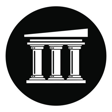Icon of white columns with pediment on black circular background icon