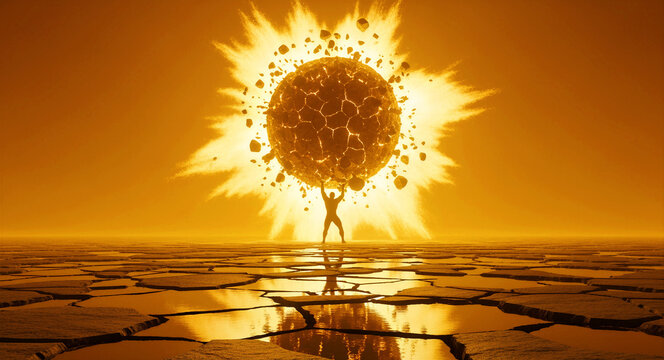 Powerful silhouette holding a massive exploding orb on a golden landscape. A muscular figure supports a cracking sphere above parched earth. Metaphor for strength, leadership, and global crisis.