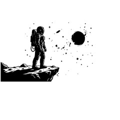 Astronaut Standing on Moon Cliff Looking at Earth Silhouette Space Art © Wasim
