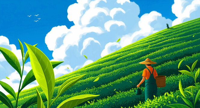 Farmer harvesting tea leaves on a lush green hillside plantation. Vibrant terraced fields under a bright blue sky with fluffy white clouds. Organic farming concept for tea branding and marketing.