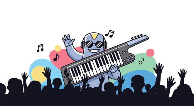 Robot wearing sunglasses playing a keytar at a concert with a large crowd of people cheering in silhouettes.