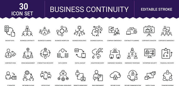 Business continuity line icon set including risk management backup data and disaster plan.