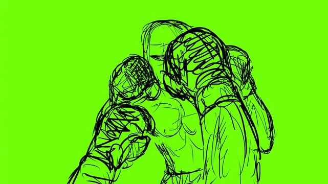 2d Animation motion graphics drawing of a POV boxer fighting boxing gloves punching jabbing on white, black and green screen in 4K ultra-high-definition.