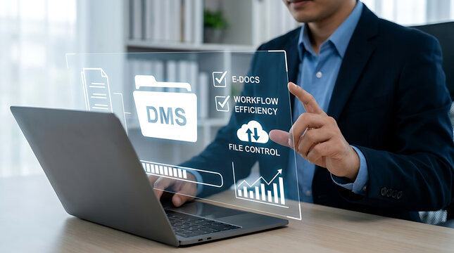 Professional Businessman Managing Digital Workflow Using Advanced Document Management System DMS Interface to Streamline Online Files and Enhance Cloud Storage Organization Efficiency.