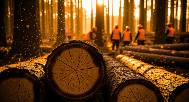 Stacked wooden logs in a forest with workers in the background at sunset. Lumberjacks in high-visibility gear managing timber harvesting. Forestry and wood production concept for industrial marketing.